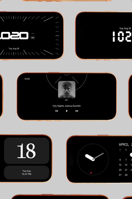 A collection of iOS lock screen widgets with black backgrounds and orange borders, displaying time, date, a music player for 'City Nights' by Joshua Domfeh, and a calendar for April.