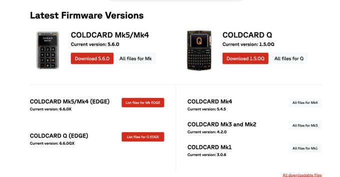 The image displays a Coinkite firmware download page showing the latest versions for various COLDCARD hardware wallet models, including Mk5/Mk4 (v5.6.0), Q (v1.5.0Q), Mk5/Mk4 EDGE (v6.6.0X), Q EDGE (v6.6.0QX), Mk4 (v5.4.5), Mk3 and Mk2 (v4.2.0), and Mk1 (v3.0.6), with download buttons and links to all files for each model. This secondary page allows users to access specific firmware versions needed for their upgrade path, addressing the need for multiple version options.