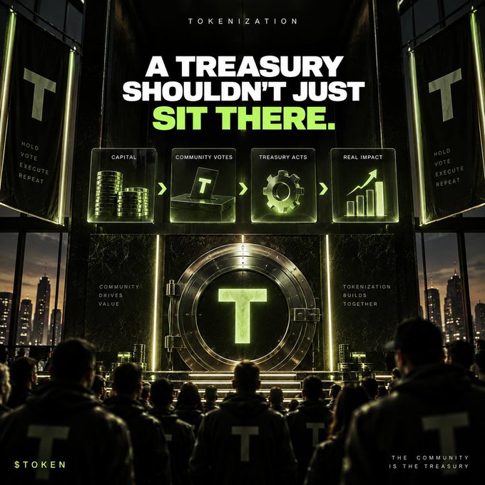 A promotional graphic titled 'TOKENIZATION: A TREASURY SHOULDN'T JUST SIT THERE,' depicting a large vault with a 'T' symbol, surrounded by a crowd and icons for Capital, Community Votes, Treasury Acts, and Real Impact.