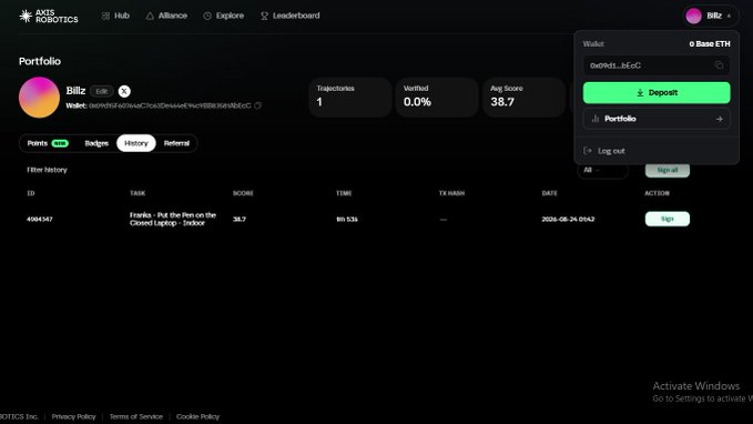 A screenshot of the Axis Robotics platform displays a user portfolio for 'Blitz' with a wallet address starting '0x09d1...b4c0,' showing 1 transaction, 0.0% verified, and an average score of 38.7 for the task 'Evnika - Put the Pen on the Closed Laptop - Indoor.'