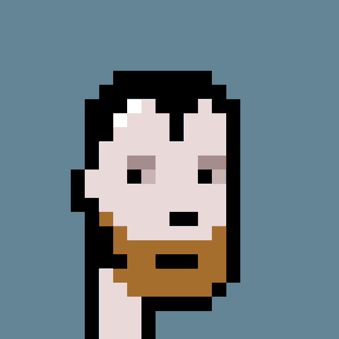 A pixelated portrait of a stylized character with black hair, pale pink skin, and a brown beard against a blue background, representing CryptoPunk #9541, which was purchased for 33.99 ETH.