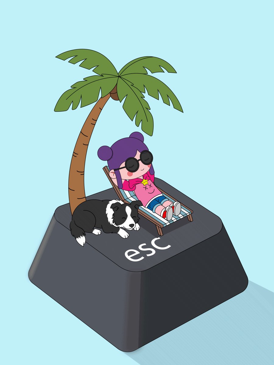 The image features a cartoon girl sitting on an esc keyboard while wearing sunglasses and a pink shirt. The keyboard has a small dog laying down next to her. The caption reads, "GM & Happy Weekend Why is the island built on an ESC key? Because sometimes life keeps demanding more clicks, more notifications, more pressure. The ESC key became a tiny island where #PONPOP finally rests."