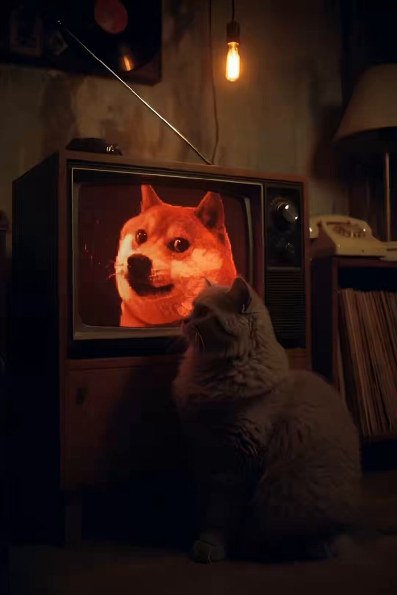 The image features a cat sitting next to an old television set, which displays a video of a dog's face. The cat appears to be looking at the TV screen with interest or curiosity. In the background, there are some books placed on a surface, suggesting that this scene might take place in a living room setting. The caption of the image reads "Vibing Cat locked in. Headphones on. Fuchsia shades dialed. Got the signal loud and clear — #DogeOS". This post seems to be promoting a DogeOS account or an event related to the popular cat character, Doge.