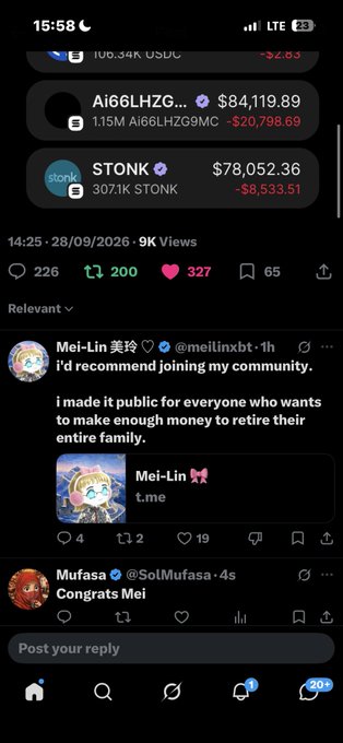 A Twitter/X post showing crypto wallet values (Ai66LHZG... at $84,119.89 and STONK at $78,052.36) followed by a reply from Mei-Lin 美玲 promoting a community link, with Mufasa congratulating her.