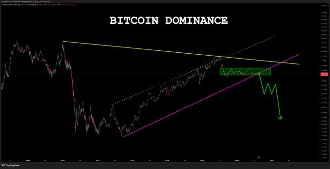 A Bitcoin Dominance chart from TradingView showing price movements over time with technical analysis including a descending triangle pattern, support/resistance lines, and a projected downward trend indicated by a green arrow.