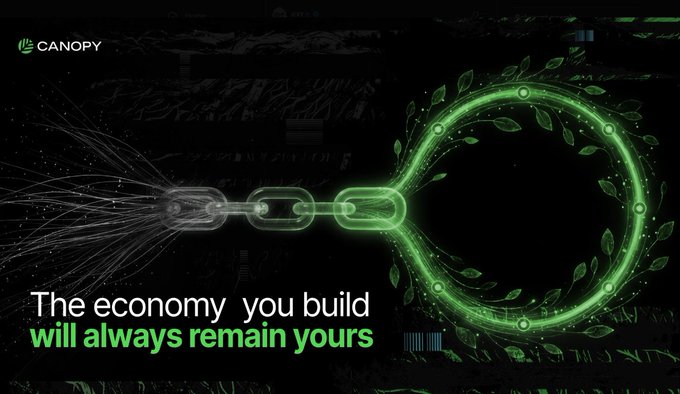 A digital advertisement with a black background shows a glowing green circular chain made of leaves, alongside the text 'CANOPY' and 'The economy you build will always remain yours'.