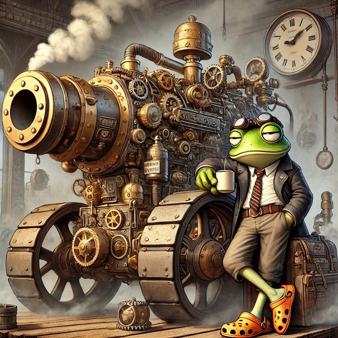 A whimsical steampunk illustration featuring a green frog wearing glasses, a tie, and Crocs while sipping coffee, posed next to an elaborate brass and copper steam-powered machine with gears and smokestacks.