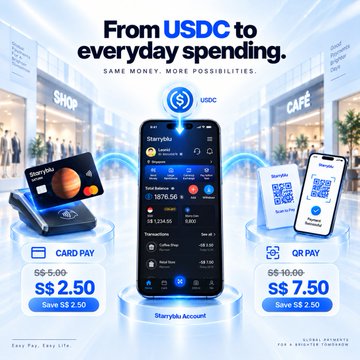 This ad for Starryblu promotes converting USDC to spendable money, featuring a central smartphone displaying a $59,384.41 account balance, with card payments from S$2.50 and QR payments from S$7.50 shown on either side, and a USDC logo floating above, directly illustrating the post's message about seamlessly turning digital dollars into everyday spending money.