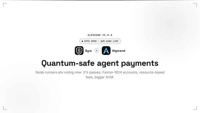 A graphic displays 'ALGORAND V5.0.0 VOTE OPEN • AVM X402 LIVE' and 'Quantum-safe agent payments,' indicating a node runner vote on Falcon-1024 accounts and resource-based fees.