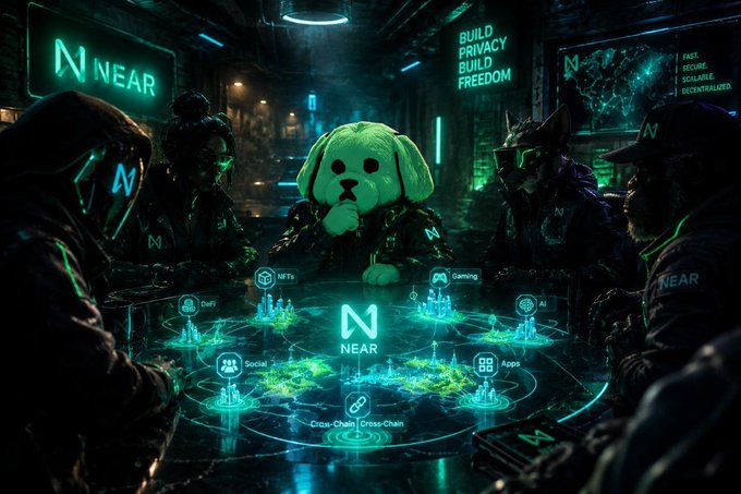 A stylized digital illustration featuring figures in a neon-lit cyberpunk environment gathered around a table displaying a 'NEAR' network hologram with interconnected categories like NFTs, DeFi, Gaming, and AI.
