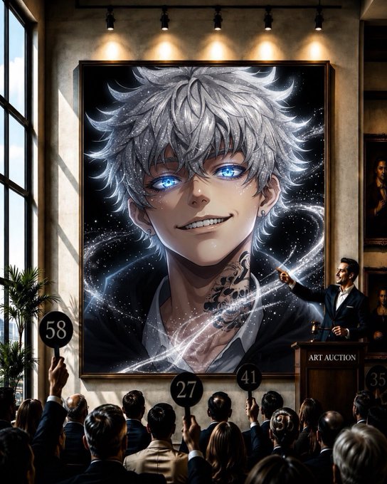 An anime-style art auction scene featuring a large portrait of a silver-haired character with glowing blue eyes, with bidders holding numbered paddles (58, 27, 41, 35) and an auctioneer at a podium labeled 'ART AUCTION'.