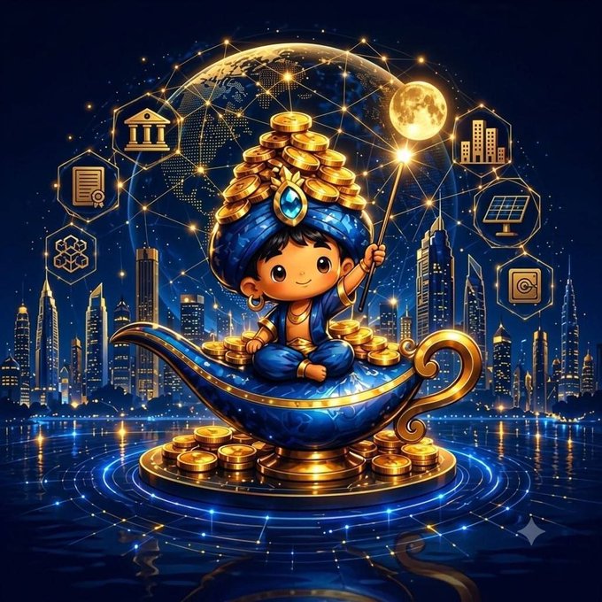 A cute chibi-style character wearing a blue turban adorned with gold coins sits on a golden magic lamp against a cosmic cityscape, with hexagonal icons representing banking, solar energy, smart contracts, and global business surrounding a digital globe—visually symbolizing Aladdin ($ALD) as the bridge that turns real-world assets and businesses into tradable Web3 value.
