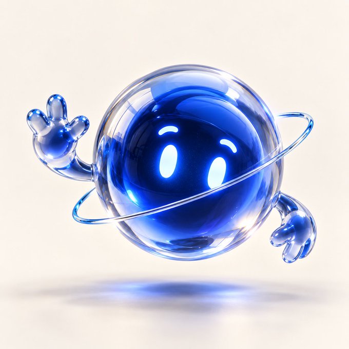 A 3D-rendered cartoon character featuring a translucent blue spherical body with small arms and a ring orbiting around it, floating against a cream background.