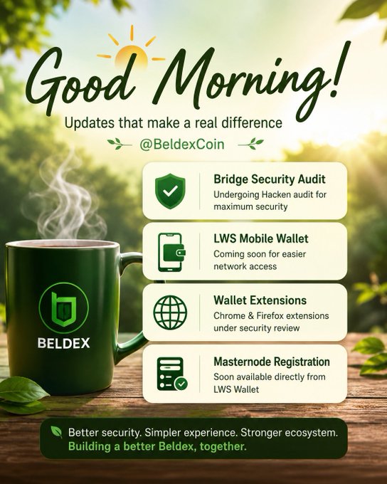 A 'Good Morning!' promotional graphic for BeldexCoin featuring a steaming dark green mug with the Beldex logo, listing updates: 'Bridge Security Audit' (Undergoing Hacken audit), 'LWS Mobile Wallet' (Coming soon), 'Wallet Extensions' (Chrome & Firefox under review), and 'Masternode Registration' (Soon available from LWS Wallet), with the tagline 'Better security. Simpler experience. Stronger ecosystem.'