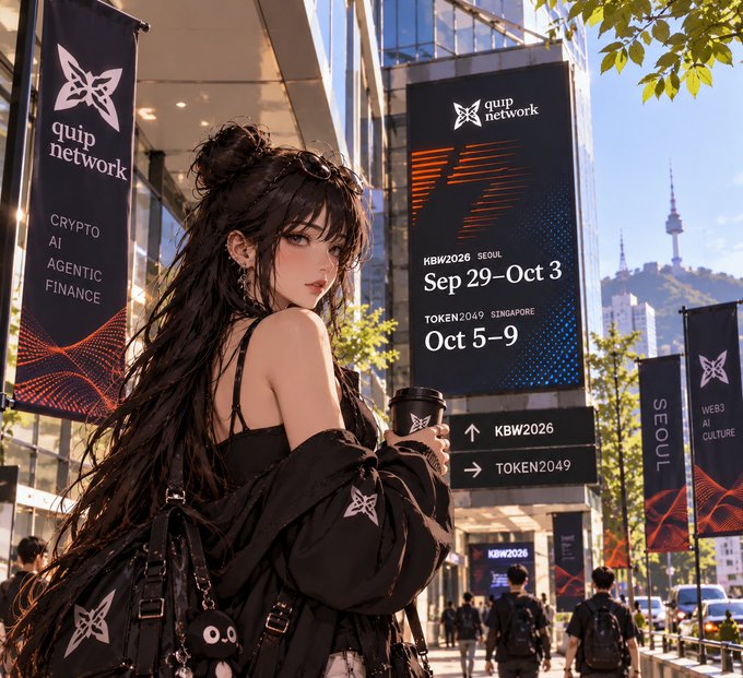An anime-style woman with long dark hair holds a coffee cup in an urban setting with banners advertising 'quip network' events 'KBW2026 SEOUL Sep 29-Oct 3' and 'TOKEN2049 SINGAPORE Oct 5-9', with topics including 'CRYPTO', 'AI', 'AGENTIC', and 'FINANCE'.