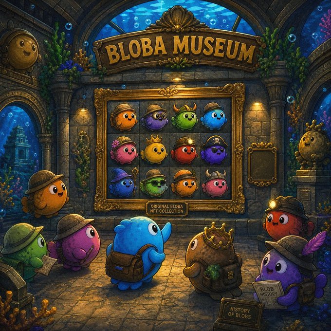 A whimsical underwater museum called "BLOBA MUSEUM" displays an "ORIGINAL BLOBA NFT COLLECTION" featuring a grid of 12 colorful, characterful blob figures wearing various hats and accessories, while more blob visitors gather below reading signs like "BLOB HISTORY" and "HISTORY OF BLOBS" — perfectly tying into the journey post's celebration of Bloba NFT origins and its trivia contest asking for the mint date of the first Bloba NFT.