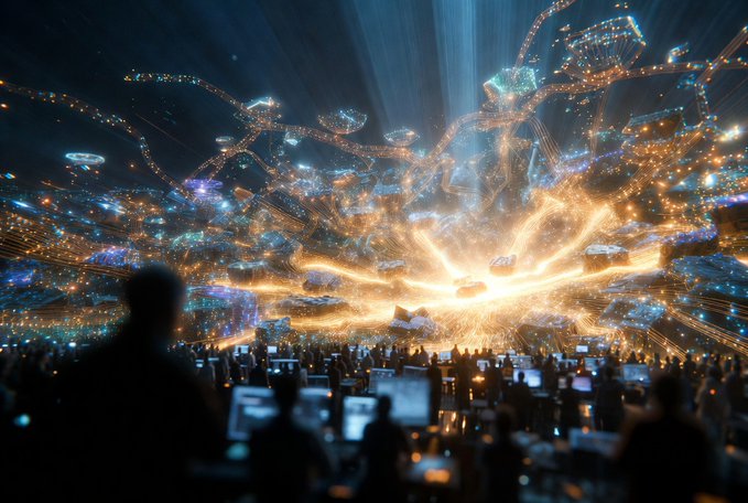 An abstract digital artwork depicts a massive glowing explosion of light and intricate mechanical structures above a crowd of silhouetted people watching from below.