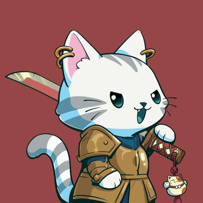 A chibi-style illustration of a white cat character with grey stripes, wearing golden armor and holding a katana with a bloodstained blade, alongside a small lucky cat charm.