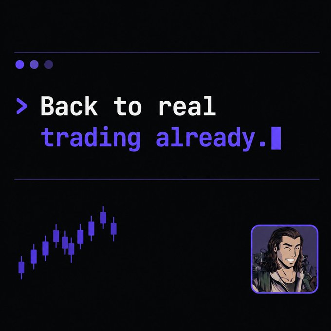 A graphic with a black background displays the text '> Back to real trading already.' above a purple candlestick chart and a cartoon avatar.