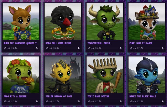 A grid of 8 NFT character collectibles including Ruru the Kangaroo, Dodo Bull Crab Bling, Toadpepbull Smile, Pump Land Villager, Frog with a Burger, Yellow Dragon of Loot, Toxic Rake Doctor, and Drake the Black Whale, each with timestamps from August 5.