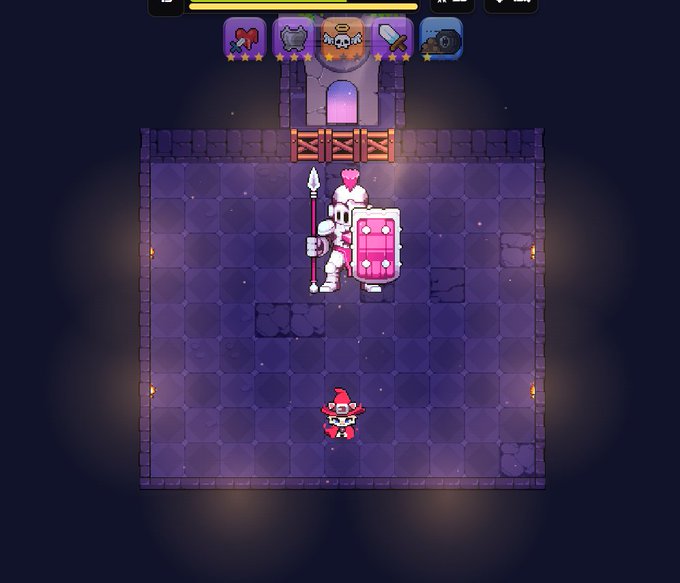 A screenshot from a pixel-art dungeon crawler game featuring a knight with a pink shield and a small red enemy on a checkered purple floor.