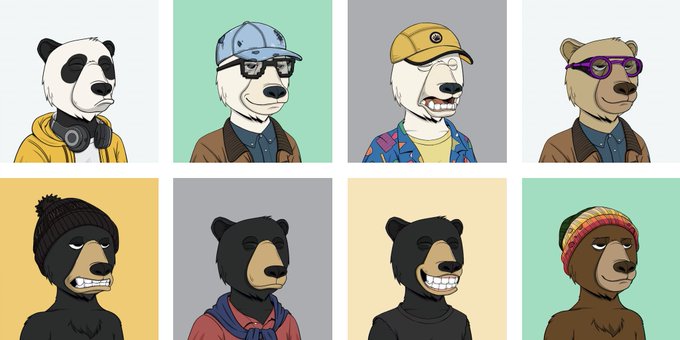 A grid of eight cartoon-style animal characters, including pandas and bears, wearing various accessories like hats, glasses, and headphones.