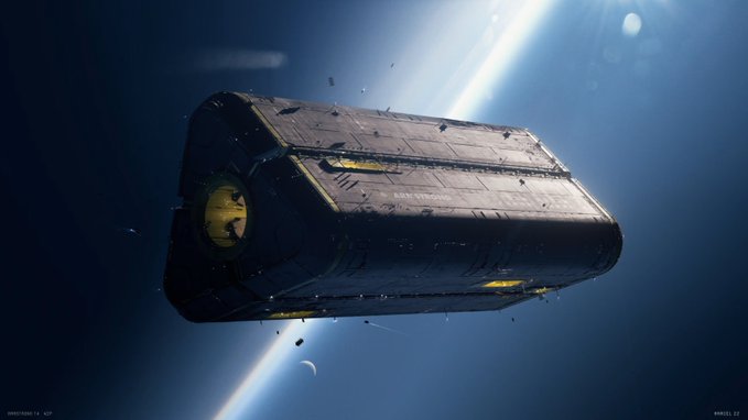 Digital concept art of a sleek, triangular spacecraft floating in space near a planet with a bright light source in the background.