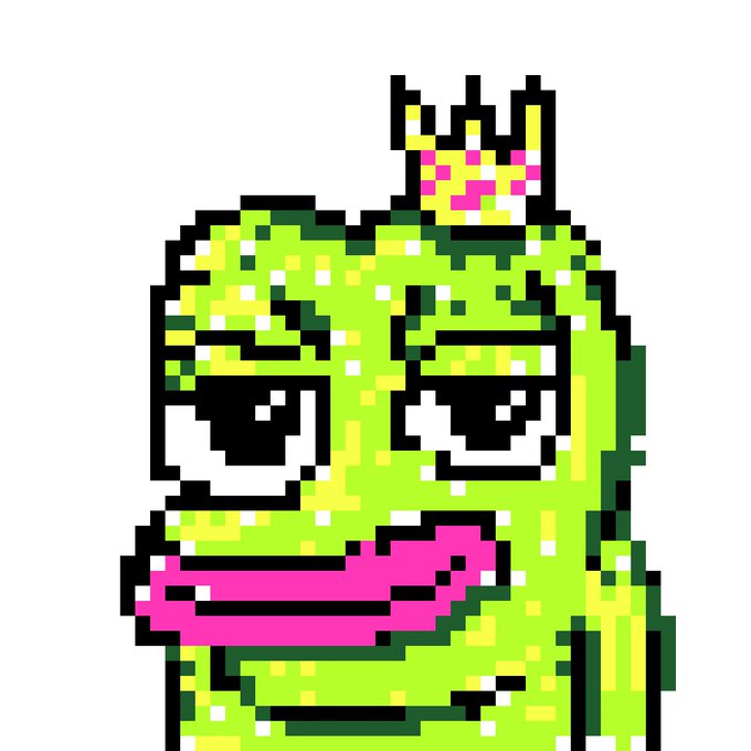 A pixel art frog-like creature wearing a small crown with pink accents, featuring an unamused expression with droopy eyes and pink lips, rendered in a crooked, imperfect style with green, white, and pink hues against a white background.
