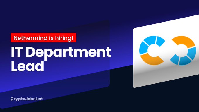 A job recruitment graphic announces "Nethermind is hiring!" for an "IT Department Lead" position, featuring Nethermind's distinctive blue and orange circular logo alongside the CryptoJobsList branding. The image visually promotes the post's opening, highlighting Nethermind—a company that secures Ethereum's core infrastructure—as it seeks a remote lead to oversee their platform, security, IAM, and FinOps operations.