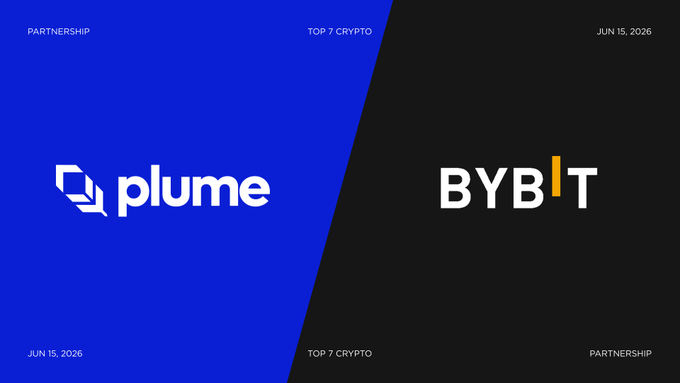 The image features a banner design with two logos, one of which represents "Plume" and the other "Bybit". The Plume logo displays the word "ONDO" written above its name. Both logos are positioned next to each other against a black background. There is also a caption below that reads: "$ONDO $PLUME ENA PLUME will soon reprice accordingly to its peers and may even overshoot."