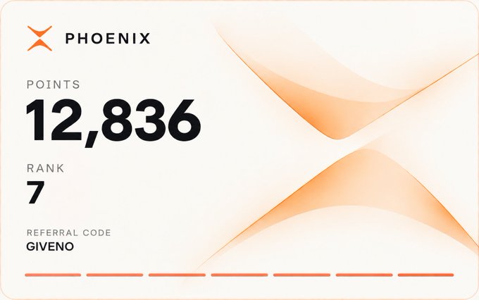 A digital dashboard card displaying the "PHOENIX" logo with 12,836 points, a rank of 7, and a referral code "GIVENO," illustrating the user's skepticism about crypto projects claiming no token will exist by showing their own points accumulation on Phoenix despite its "no points program" stance.