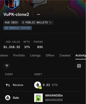 A crypto portfolio interface showing wallet 'VuPK-clone2' with $1,310.32 USD value, 37% NFTs, and 63% tokens, displaying a 'Receive 0.02 ETH' transaction.