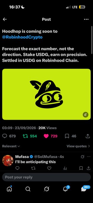 A screenshot of a social media post announcing that 'Hoodhop is coming soon to @RobinhoodCrypto,' featuring a green background with a hooded character logo and the text 'Forecast the exact number, not the direction. Stake USDG, earn on precision. Settled in USDG on Robinhood Chain.'
