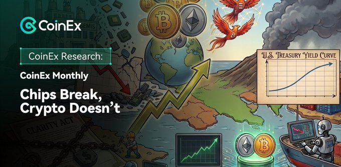 A CoinEx Research graphic titled 'CoinEx Monthly: Chips Break, Crypto Doesn't' featuring crypto coins (Bitcoin, Ethereum), a rising arrow, phoenixes, a 'U.S. Treasury Yield Curve' chart, and various illustrative elements.