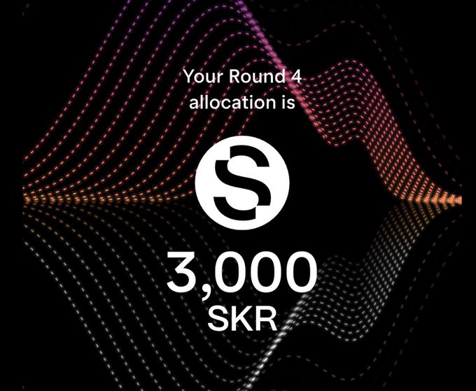 A promotional graphic for a token allocation showing 'Your Round 4 allocation is 3,000 SKR' with a stylized 'S' logo against a dark background featuring pink and orange dotted wave patterns.