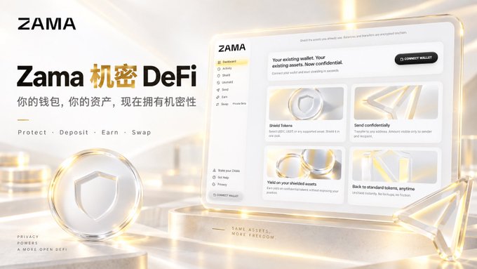A promotional banner for Zama's confidential DeFi platform featuring the text 'Zama 机密 DeFi', 'Protect · Deposit · Earn · Swap', and 'PRIVACY POWERS A MORE OPEN DEFI' alongside a wallet interface mockup.