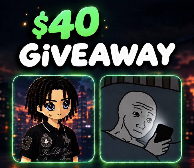 The image is a promotional graphic for a "$40 GIVEAWAY" featuring two anime-style "Wojak" meme characters, with the text "This Life I Live is Forever" on one character's shirt, set against a city skyline background. The design aligns with the post's call for follows, notifications, and tagged comments as entry requirements.