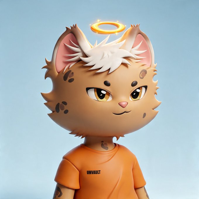A 3D-rendered anthropomorphic cat character with a fluffy white tuft of hair and a glowing golden halo above its head wears an orange t-shirt reading "UNVAULT," symbolizing the angelic purity and innovation of the Unvault platform in Web3, which is now partnering with a new entity to unlock value for holders.