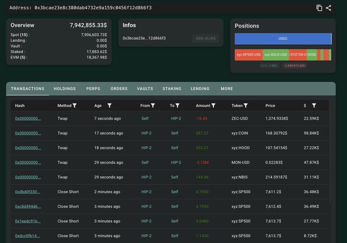 A cryptocurrency tracking interface showing an overview of a wallet address with a spot value of 7,906,603.73$ and a total of 7,942,855.33$, along with a transaction history list featuring tokens like ZEC-USD, xyz:COIN, xyz:HOOD, MON-USD, and xyz:NBIS.