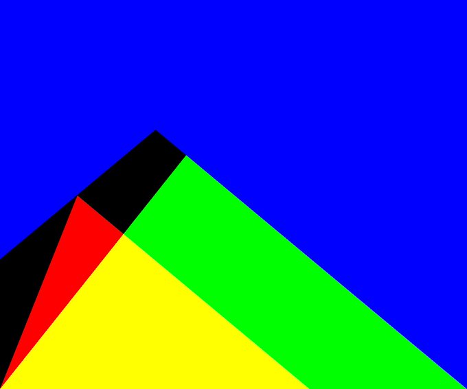 An abstract geometric illustration featuring a large triangular mountain shape composed of yellow, green, black, and red triangles against a solid blue background.