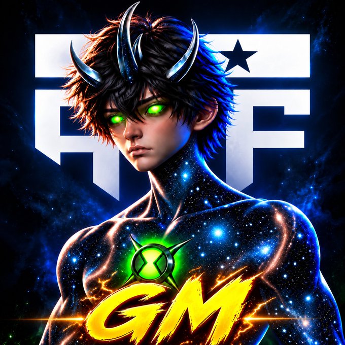 Vibrant digital artwork of an anime-esque male character with glowing green eyes and dark spiky hair, featuring a cosmic body and a chest emblem with the letters 'GM'.