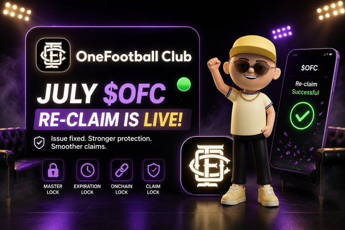 A vibrant promotional graphic for $OFC features two women in vintage swimwear posing in a sunlit, elegant room, with one holding a straw hat adorned with a red ribbon. Bold text on the screen announces, "$OFC LIVE NOW — July 17, 2023," mirroring the post's update that the July $OFC re-claim process is now officially open with enhanced safeguards in place.