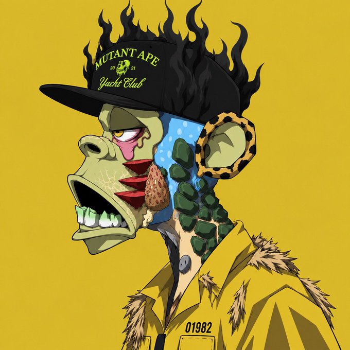 A stylized cartoon profile of a mutated ape character wearing a black cap reading 'MUTANT APE YACHT CLUB 2021', with a flaming head, jaguar-print ear, and a yellow jacket marked '01982'.