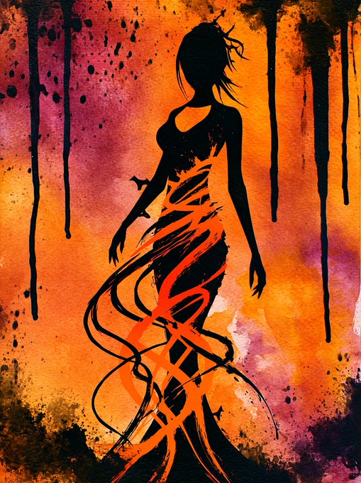 An artistic silhouette of a female figure in a dress, rendered in black and orange with abstract swirling lines, set against a textured watercolor background of orange, pink, and black drips.