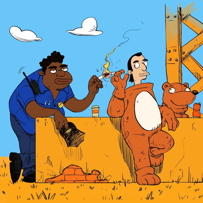 A cartoon illustration showing a police officer lighting a cigarette for a person in an orange bear costume while taking a bribe.