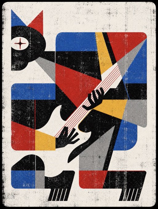 An abstract geometric illustration with a distressed vintage texture, featuring bold red, blue, black, and yellow shapes forming a stylized figure playing a guitar.