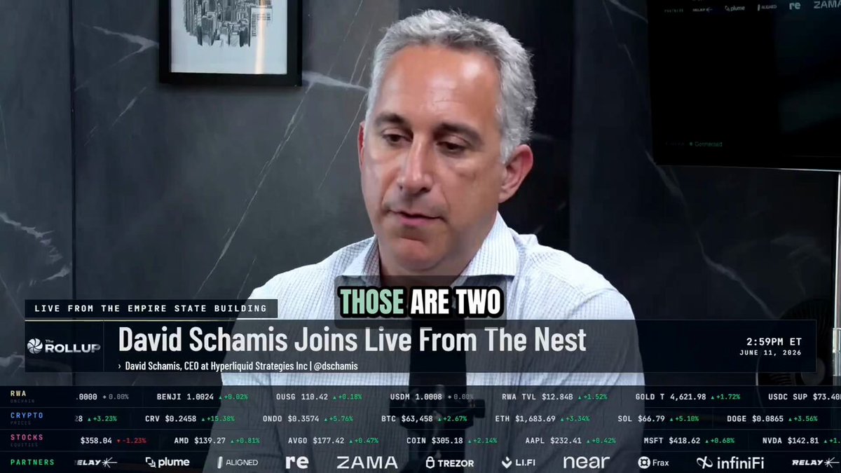 The image shows a man sitting at a desk with a computer screen behind him, wearing glasses and looking down at his work. The background of the image features a black wall with a picture hanging above it. The text displayed on the image reads "David Schamis on the deal that changed the HYPE thesis and why the market still hasn'