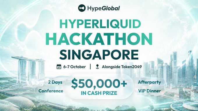 A promotional poster for Hyper Liquid Hackathon Singapore, featuring a city skyline and the event's details.