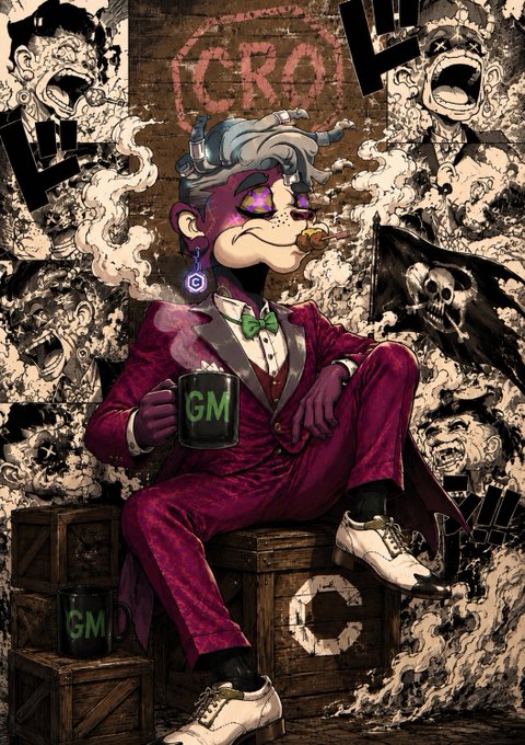A stylized illustration shows a goat-headed figure in a purple suit smoking a cigar and holding a green 'GM' mug, surrounded by skulls and 'CROWN' text.