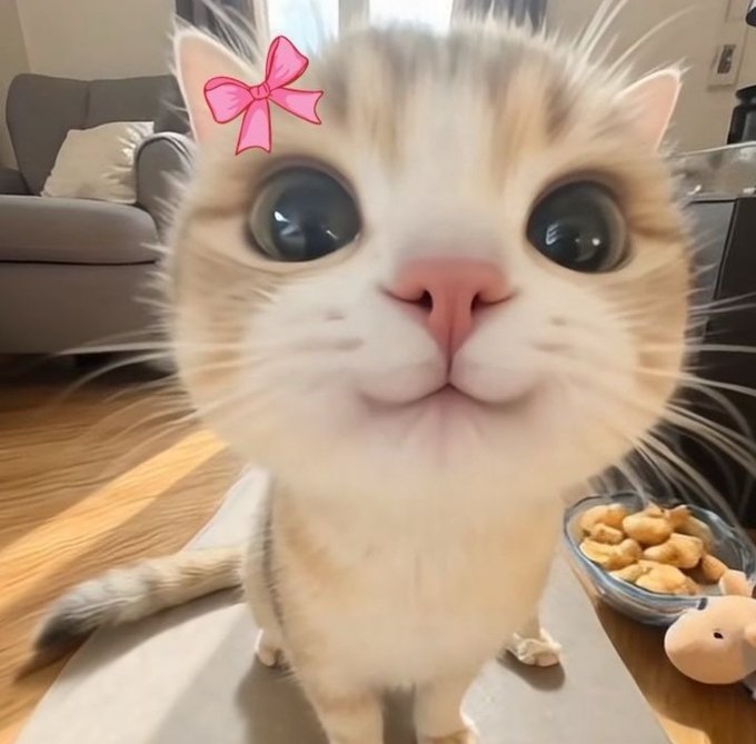 An adorable fluffy kitten with large blue eyes and a digitally added pink bow on its head, sitting near a food bowl in a home living room setting.